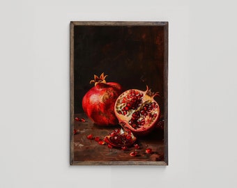 Vintage Pomegranate Fruit Painting Art, Printable Kitchen Art, Traditional Dining Room Decor, Still Life Fruit Painting, Digital Download