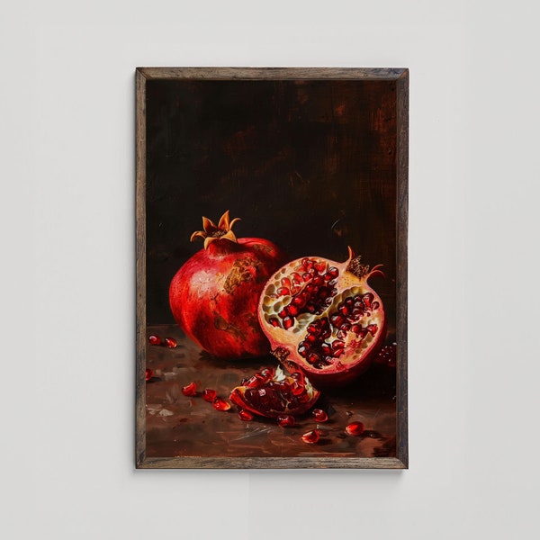 Vintage Pomegranate Fruit Painting Art, Printable Kitchen Art, Traditional Dining Room Decor, Still Life Fruit Painting, Digital Download