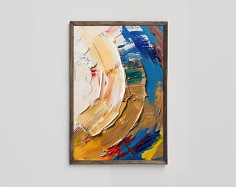 May include: Abstract painting with thick brushstrokes in shades of blue, yellow, orange, and white. The painting is framed in a dark wood frame.
