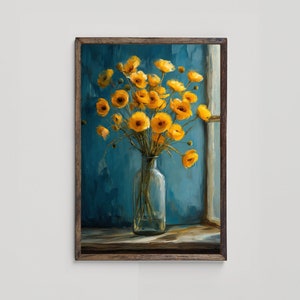 Blue and Yellow Floral Wall Art, Floral Print, Blue Kitchen and Living Room Decor , Yellow Flowers Printable Wall Art, Digital Download