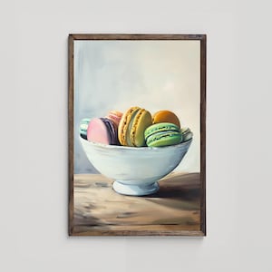 Colorful Macarons in Bowl Art, Colorful Kitchen Wall Art, Printable Kitchen Art, Dining Room Decor, Still Life Painting, Digital Download
