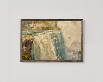 Abstract Waterfall Beige and Blue Wall Art, Soft Toned Vintage Art, Brown and blue Abstract, Living Room Printable Art, Digital Download