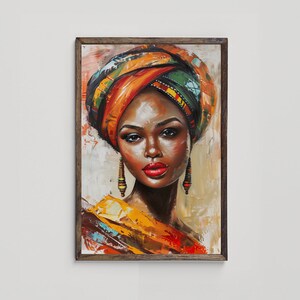 Puede incluir: Una pintura de una mujer de piel oscura que lleva un turbante colorido y pendientes. El fondo es de color beige claro con pinceladas.
