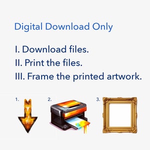 May include: Digital download instructions: download files, print them, and frame the printed artwork. The image shows a download arrow, a printer, and a picture frame.