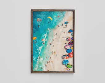 Beach Scene Art, Aerial Beach Wall Art, Colorful Abstract, Summer Beach Umbrellas and Paraglider, Beach House Decor, Digital Download