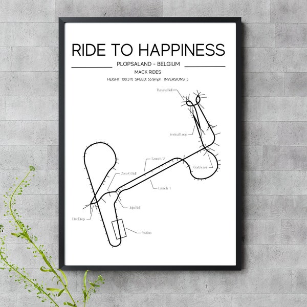 Ride to Happiness Layout - Plopsaland - Belgien - Moderne Wandkunst - Achterbahn Minimalistischer Druck Poster Mack Rides