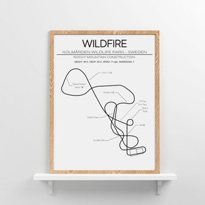 以下が含まれることがあります： スウェーデンのコルマーデン野生動物公園にあるワイルドファイア・ローラーコースターの白黒線画イラスト。イラストは、高さ、落下、速度、反転を含む乗り物のレイアウトを示しています。