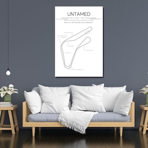 May include: A black and white print of a race track circuit, labeled "UNTAMED" with text below. The artwork is displayed above a gray sofa with white pillows and a white blanket. Two small wooden tables with flowers and plants flank the sofa.