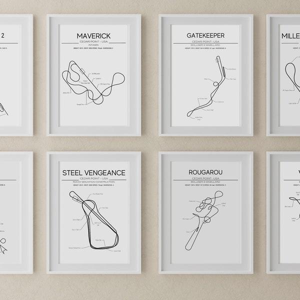 9 berg-och-dalbana-layouter med Cedar Point - USA - Modern väggkonst - Minimalistiskt tryck med berg-och-dalbana-poster, temaparktryck, berg-och-dalbana-present