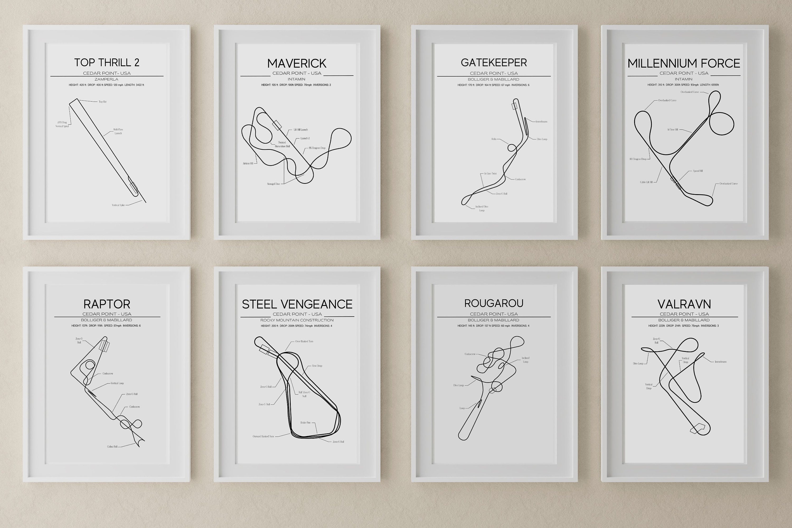 9 Cedar Point Roller Coaster Layouts - USA - Modern Wall Art - Roller Coaster Minimalistic Print Poster Theme Park Print Roller Coaster Gift