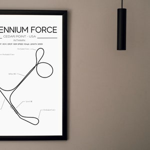 Puede incluir: Ilustración en blanco y negro de la montaña rusa Millennium Force en el parque de atracciones Cedar Point en Sandusky, Ohio. La ilustración muestra el diseño de la atracción, incluyendo la altura, la caída, la velocidad y la longitud. El texto "MILLENNIUM FORCE" está en la parte superior de la ilustración.