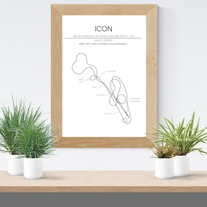 May include: A black and white line drawing of the Icon roller coaster at Blackpool Pleasure Beach in the UK. The drawing shows the layout of the ride, including the height, drop, and speed.