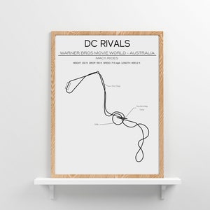 Układ DC Rivals Warner Movie World Australia Nowoczesna sztuka ścienna Prezent na kolejkę górską Minimalistyczny nadruk Mack Rides Prezent na kolejkę górską