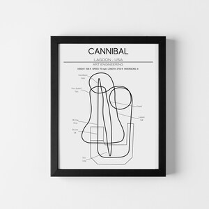 Puede incluir: Impresión en blanco y negro de arte de línea del Cannibal, una montaña rusa del parque de atracciones Lagoon en Utah, EE. UU. La impresión incluye el nombre del paseo, el parque y la altura, la velocidad, la longitud y las inversiones del paseo.