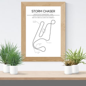 May include: A black and white line drawing of the Storm Chaser roller coaster at Kentucky Kingdom in Louisville, Kentucky. The drawing shows the layout of the track with the names of each turn and drop.