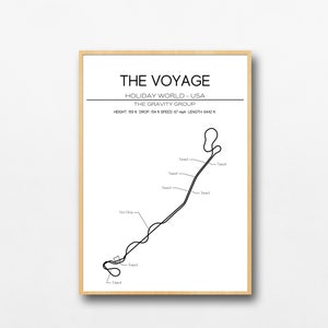 May include: A black and white line drawing of The Voyage roller coaster at Holiday World in Santa Claus, Indiana. The coaster has a 108-foot drop and reaches speeds of 67 mph. The drawing includes the name of the ride, the park, and the ride's height, drop, speed, and length.