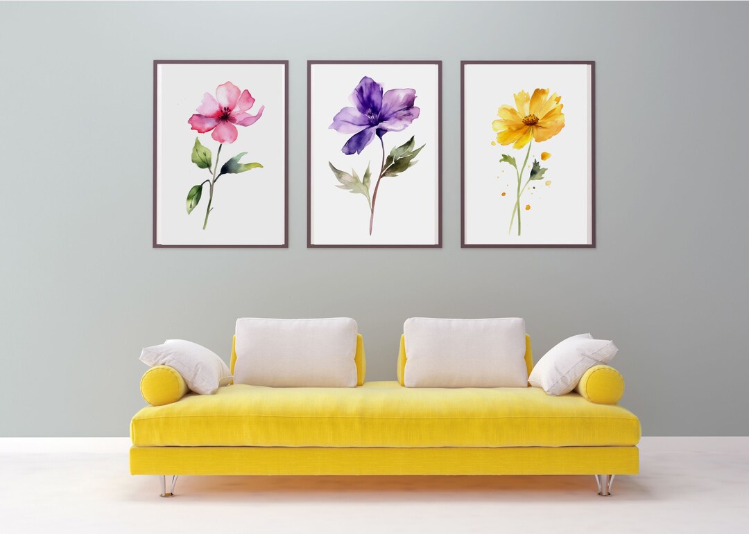 Watercolor Flower Wall Art Prints Set of 3 Prints Pink, Purple Yellow ...
