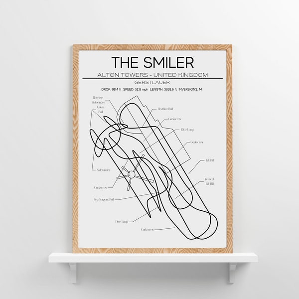 The Smiler Layout Alton Towers United Kingdom Modern Wall Art Roller Coaster Gift Minimalistic Print Gerstlauer Rides Roller Coaster Gift
