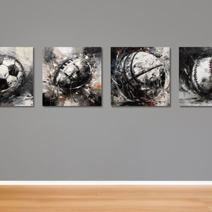 Sports Posters for Room - Set of 4 Sports Prints Sports Paintings Basketball Baseball Soccer Football Painting Prints for Kids Sports Balls