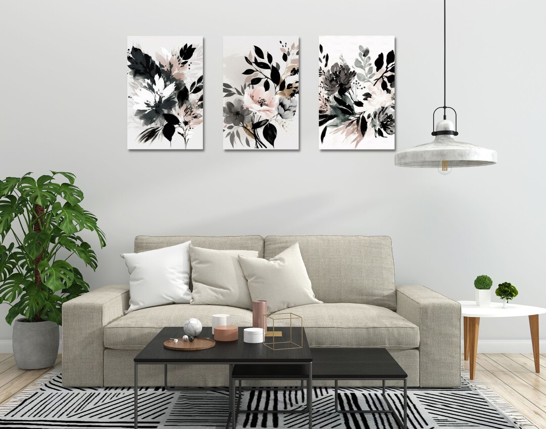 Modern Printable Floral Triptych Wall Art Blush Gray Wall Art for ...