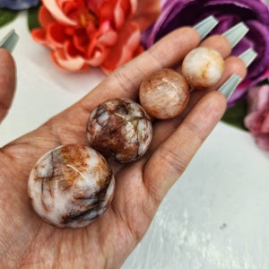 May include: Four smooth, round, polished, natural gemstone spheres in various sizes. The spheres are a mix of white, brown, and pink colors with a swirling pattern. The spheres are held in a hand.
