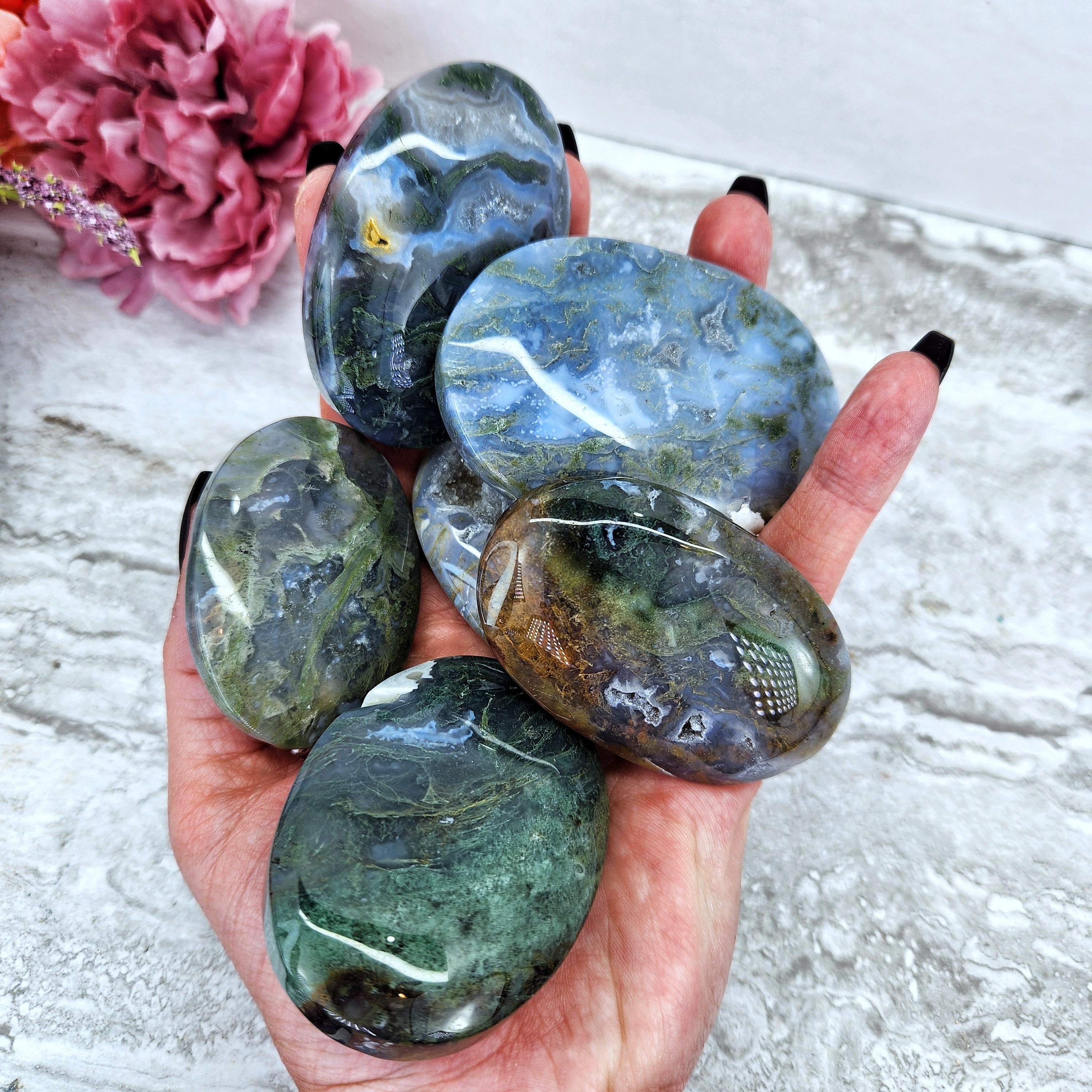 Moss Agate Palm Stone Green Red Growth  Forgiveness Stability Balance Wealth Natural High Quality