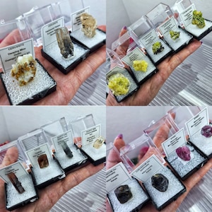 May include: A collection of mineral specimens in small clear plastic boxes with labels. The minerals include cerussite, topaz, quartz with hydrocaron, indum var sapphire, and corundum var sapphire. The labels include the mineral name, location, and other details.