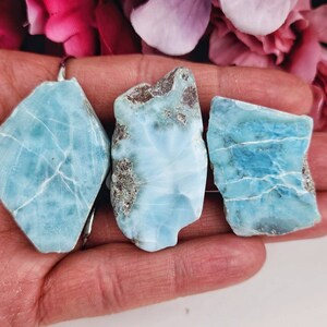 May include: Three blue and white gemstone pieces, known as blue opal, are displayed on a hand. The stones are irregularly shaped and have a translucent appearance.