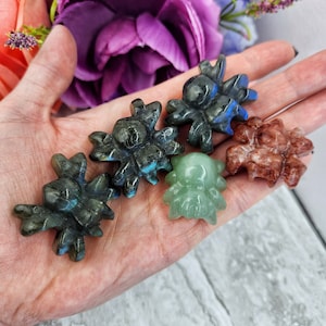 May include: Five small, carved crystal spiders in various colors, including green, brown, and black. The spiders are displayed on a hand.