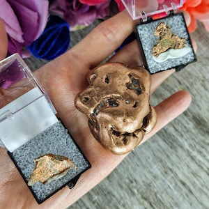 May include: A close-up of a rough, copper-colored rock with a metallic sheen. The rock is sitting in a person's hand. The rock is surrounded by two small, clear plastic boxes, each containing a smaller piece of copper.