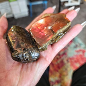 May include: Two polished gemstones are held in a hand. One is a dark, oblong shape with a textured surface. The other is a larger, irregular shape with red and orange hues. The gemstones have a reflective, iridescent quality.