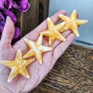 May include: Four yellow calcite starfish crystals, each with a unique shape and texture, are displayed on a hand. The crystals are polished and have a translucent appearance.