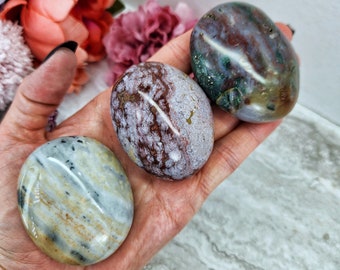 Ocean Jasper OJ Orbicular Round Palm Stone Small Carving Natural High Quality