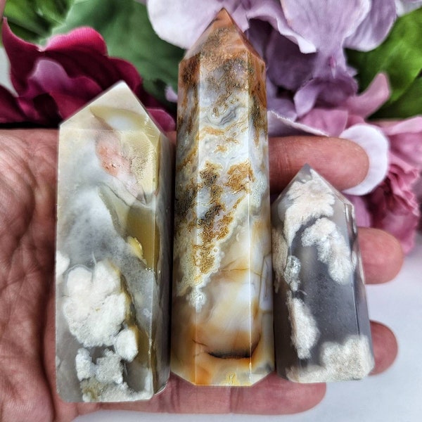 Gorgeous Flower Agate Towers Obelisks Passion Feminine Grounding Carnelian Chlorite Orange Purple Pink Beautiful Natural High Quality