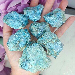 May include: A collection of rough, natural blue-green mineral specimens. The stones vary in size and shape, with a crystalline structure and a mix of blue and green hues. The minerals are held in a hand, with a soft purple flower in the background.