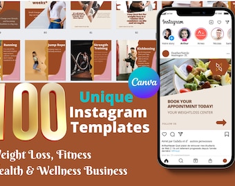 100 unikalnych szablonów Instagrama na temat odchudzania, zdrowia i dobrego samopoczucia Biznes/Szablony Canva/Marketing