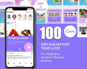 100 unikalnych szablonów Instagrama na temat odchudzania, zdrowia i dobrego samopoczucia Biznes/Szablony Canva/Marketing