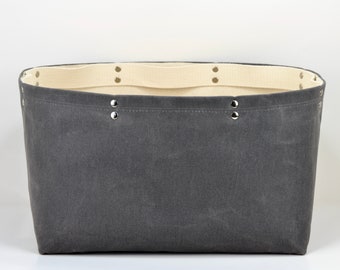 Waxed Cotton Canvas Carryall, Grey | Minimalist Modern | Storage Basket | Eco-Friendly | Water Repellent | Large Fabric Storage Tote Bin