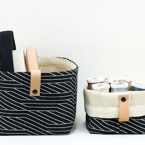 Minimalist Modern Fabric Baskets |  Luxurious and Eco Friendly Nesting Storage Bins | Unbleached Cotton Canvas Lining | Leather Handles