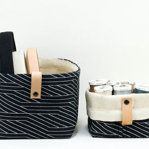 Minimalist Modern Fabric Baskets |  Luxurious and Eco Friendly Nesting Storage Bins | Unbleached Cotton Canvas Lining | Leather Handles