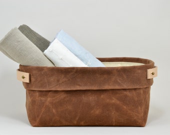 Waxed Canvas Fabric Basket: Handmade Organic Cotton Lined Storage with Leather Handles