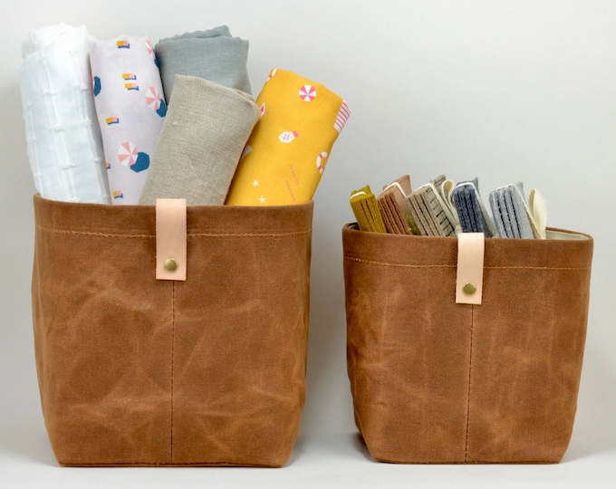 Featured listing image: Waxed Cotton Canvas Fabric Storage Basket, Copper | Minimalist Modern | Eco Friendly | Water Repellant | Collapsible Canvas Storage Bin