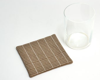 Belgian Linen Coasters | Minimalist Modern | Machine Embroidered Grid Design, Individually Sewn | Reversible | Sustainably Handmade | Brown