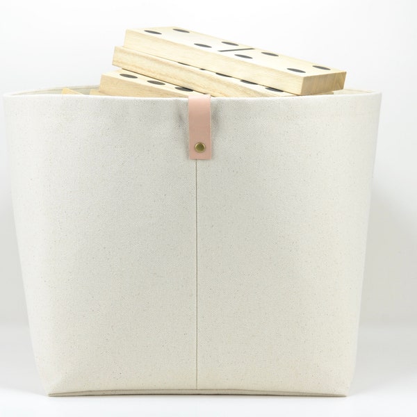 Unbleached Cotton Canvas Storage Basket | Minimalist Modern Fabric Cube | Eco Friendly Natural Cotton Duck Canvas with Leather Handles