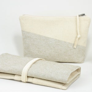 Rouleau de voyage en lin et coton | Doublure en toile de coton écru | Moderne et minimaliste | Organisateur artistique / maquillage | Cadeaux faits main de manière durable