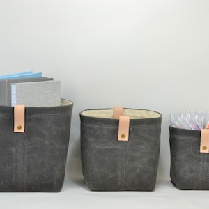 Panier de rangement en toile de coton ciré, Gris | Minimaliste Moderne | Respectueux de l'environnement | Hydrofuge | Bac de rangement pliable en toile