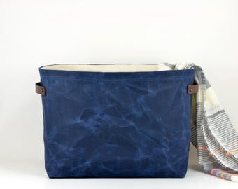 Blue Waxed Canvas Carryall: Eco-Friendly Storage Basket with Leather Handles