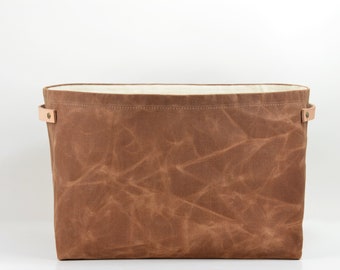 Copper Waxed Canvas Storage Basket: Minimalist Leather Handle Carryall