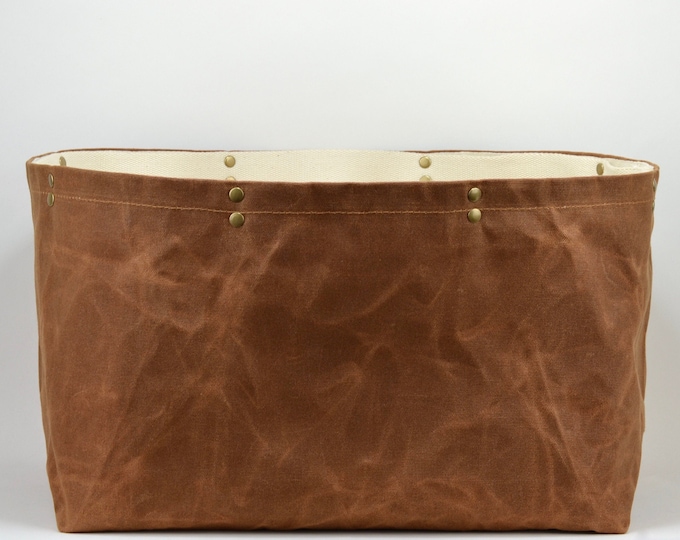 Featured listing image: Waxed Cotton Canvas Carryall, Copper | Minimalist Modern | Storage Basket | Eco Friendly | Water Repellent | Large Fabric Storage Tote Bin