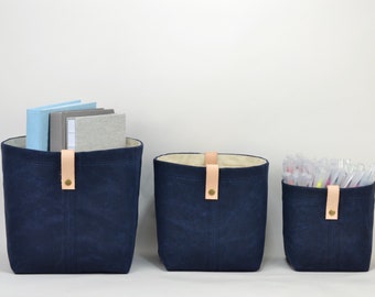 Waxed Cotton Canvas Fabric Storage Basket, Blue | Modern Minimalist | Eco Friendly | Water Repellant | Collapsible Canvas Storage Bin